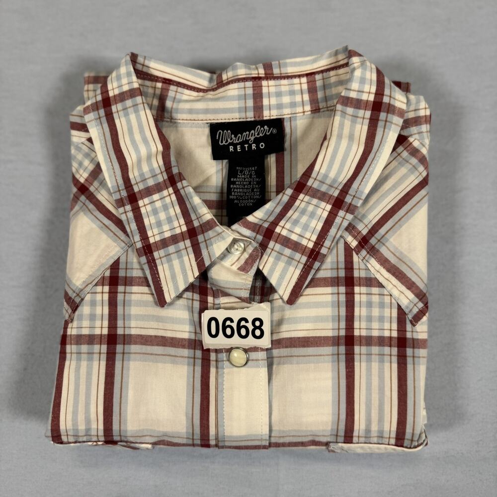 Wrangler Womens L Western Plaid Snap Button Long Sleeve Shirt White Blue Cowgirl